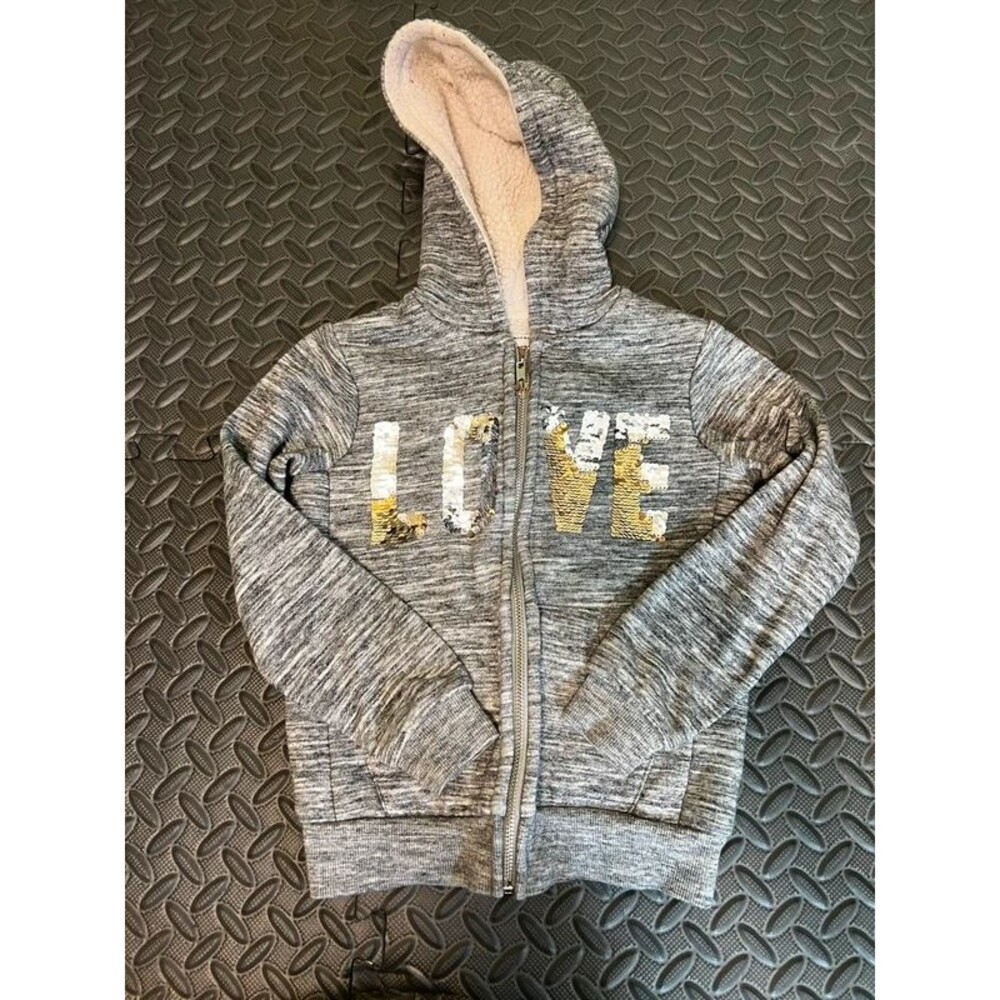 Reflex Kids gray marled zip up hoodie with sequin 'LOVE' design, size 6